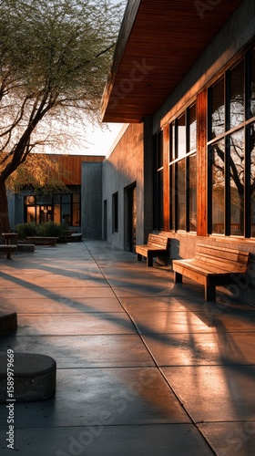 Modern Architecture With Wooden Accents at Sunset in an Outdoor Space
