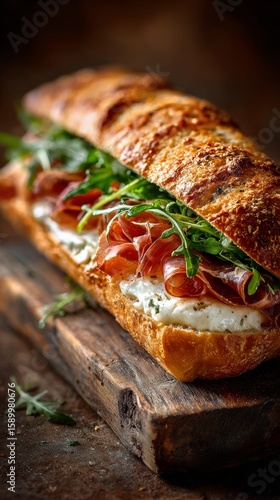 Freshly Made Sandwich With Prosciutto and Arugula on Wooden Board in a Rustic...