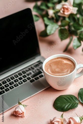 Coffee and Laptop in a Cozy Workspace With Fresh Flowers on a Soft Pink Surface