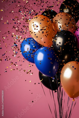 Colorful Balloons With Confetti Against a Vibrant Pink Background for a Festi...