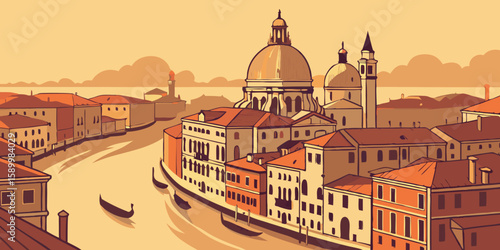 Aerial view of Venice at sunrise reveals winding canals and terracotta rooftops reflecting soft golden light, modern flat illustration style