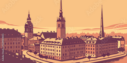 Aerial view of Stockholm at sunrise reveals Gamla Stan’s narrow alleys and historic buildings glowing in soft light