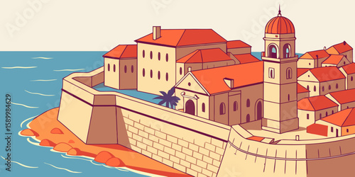 Aerial view of Dubrovnik at sunrise showcases fortified stone walls and red-tiled roofs shimmering in warm coastal light, modern flat illustration style