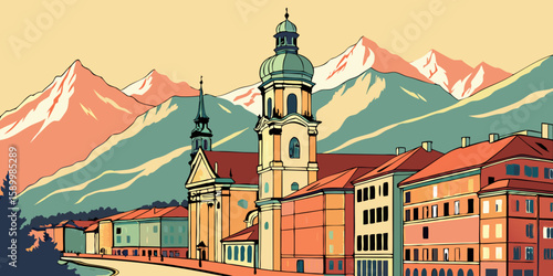 Aerial view of Innsbruck at sunrise captures colorful alpine houses and snowy peaks basking in sunrise glow, modern flat illustration style