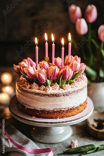 Festive Cake With Tulips and Candles Celebrates Special Occasion in Cozy Home...