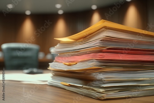 A stack of case files and folders rests on a clerk's desk, with a courtroom visible in the background, representing a busy legal atmosphere