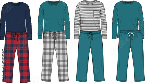 Boys’ pajama set sketch front and back views, long-sleeve top and elastic-waist pants, plaid and solid designs, casual sleepwear garment illustration