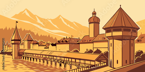 Aerial view of Lucerne at sunrise reveals medieval bridges and lakefront rooftops glowing in golden tones, modern flat illustration style