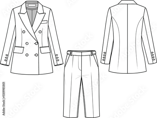 Men’s double-breasted blazer and pleated trousers sketch front and back views, notched lapel, flap pockets, belt loop waistband, structured garment illustration