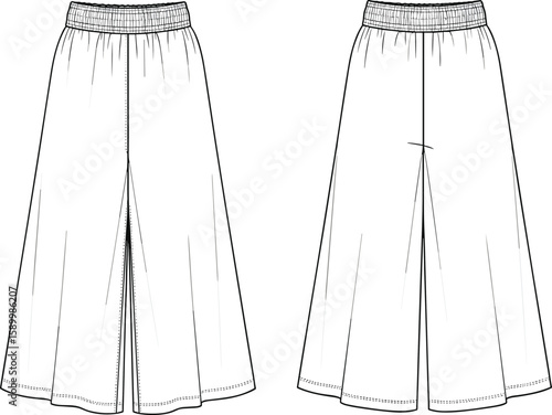 Women’s wide-leg culottes sketch front and back views, high-waist silhouette, elastic waistband with front pleat detail, curved hem, fashion garment illustration