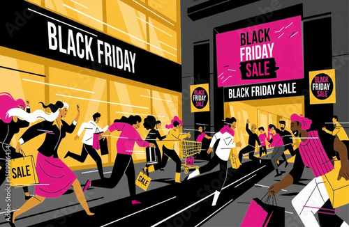 Illustration depicting a Black Friday sale rush, showing excited shoppers heading for advertised discounts