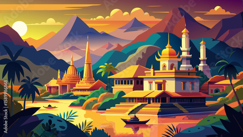 Luang Prabang, Laos – Colonial buildings and Buddhist temples sit beside the Mekong River, offering a peaceful, golden-hour vector filled with religious heritage and nature’s calm.