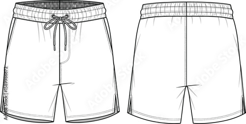 Men’s casual shorts sketch front and back views, elastic drawstring waistband, stitched fly detail, center back seam, minimalist garment fashion illustration