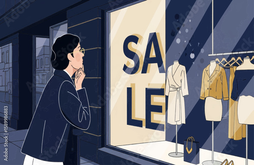 Window Shopping Woman gazes at SALE sign, enticing fashion, and stylish garments on display