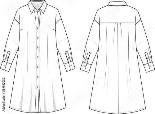Women’s button-down shirt dress sketch front and back views, long sleeves with cuffs, pleated back yoke, structured silhouette, fashion garment technical illustration