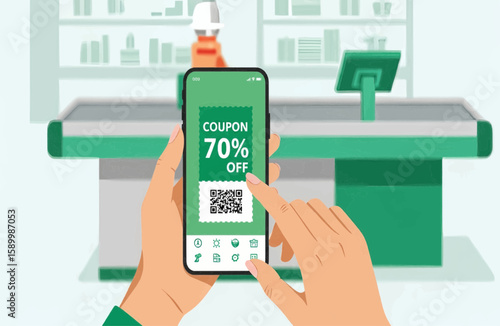Mobile coupon promotion on digital shopping application offering a seventy percent discount.