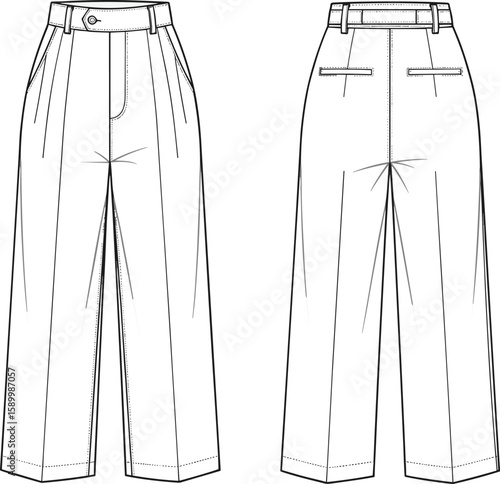 Men’s pleated wide-leg trousers sketch front and back views, high-waist silhouette, belt loops, zip and button closure, welt back pockets illustration