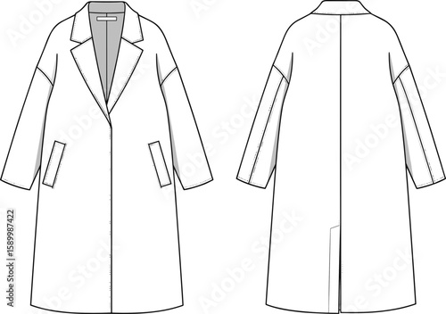 Men’s single-breasted coat sketch front and back views, notched lapel collar, dual front pockets, center back seam, tailored silhouette, fashion flat illustration