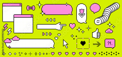 Speech bubbles and icons in pixel art style. 8 bit digital chic emoticon set in pink. Pixel dialogue box for social media, retro interface. Game abstract isolated vector elements on green background