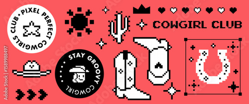 Y2k pixel cowboy emoticon icons on coral red background. 8 bit style wild west cowgirl party elements of western boots, horseshoe, cactus, hat and sun for digital design, game interface, social media