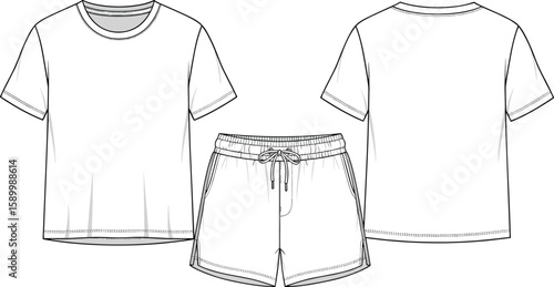 Men’s round-neck T-shirt and jogger shorts sketch front and back views, short sleeves, elastic drawstring waistband, side and back pockets, fashion illustration