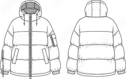 Men’s quilted puffer jacket sketch front and back view, hood with drawstring, sleeve zip pocket, dual front flap pockets, ribbed cuffs and hem