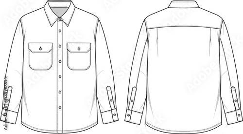 Men’s button-down shirt technical sketch front and back views, flap chest pockets, button strap sleeve detail, collar neckline, structured garment illustration