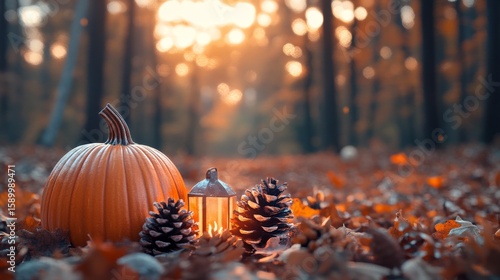 Autumn Forest Display With Pumpkin, Pinecones, and Lantern Near Fallen Leaves...