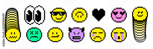 Pixel art retro emoticon set. 8 bit yellow faces with smile, sad, cry and critic emotion. Heart eyes, evil emotion, devil horns, cool sunglasses. Pixelated icons for retro interface, digital stickers