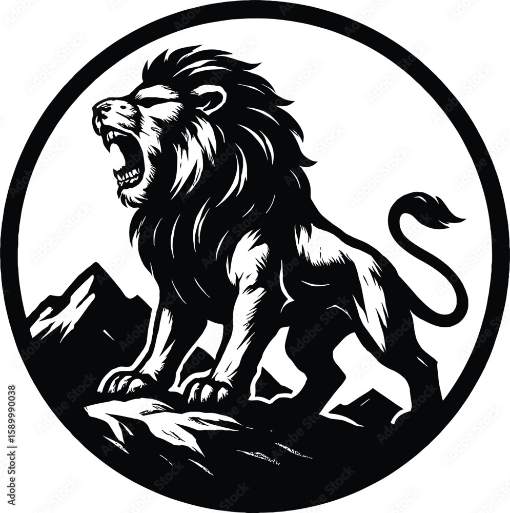 Fototapeta premium Powerful lion roaring atop majestic mountains, a bold graphic design.