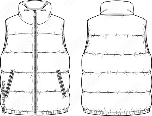 Men’s puffer vest sketch front and back views, high collar, horizontal quilted padding, front zipper closure, dual zip pockets, casual outerwear illustration