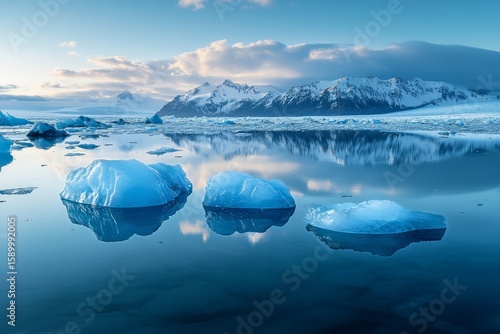 Serene Glacier Landscape With Floating Icebergs and Tranquil Water in Iceland...