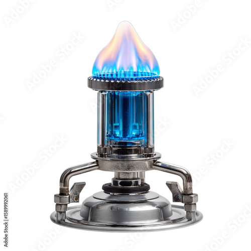 Bunsen burner with visible blue flame. Isolated white background. Png format