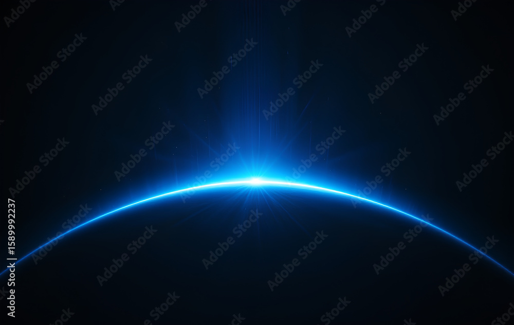 Obraz premium Bright Blue Light Flare Behind Planet Curve with Horizontal Light Streak Ray