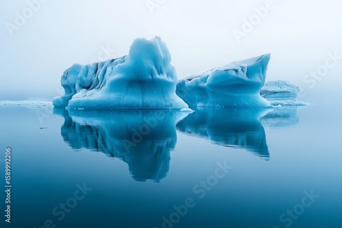 Majestic Icebergs Float Calmly in Serene Blue Waters Under Overcast Sky