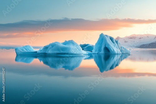 Majestic Icebergs Float Calmly in Serene Blue Waters Under Overcast Sky.