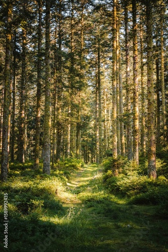 Lush forest with sun flare. Tall pine trees with green vegetation in summer. Vosges great woods in mountains in France.