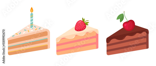 Set of three cake slices: chocolate with cherry, strawberry with cream, and birthday cake with candle. Cute dessert collection on white background
