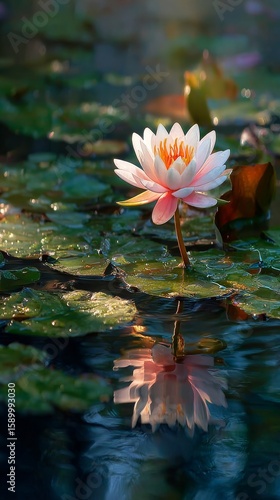 Blooming Lotus Flower in Tranquil Pond During Golden Hour With Water Droplets.