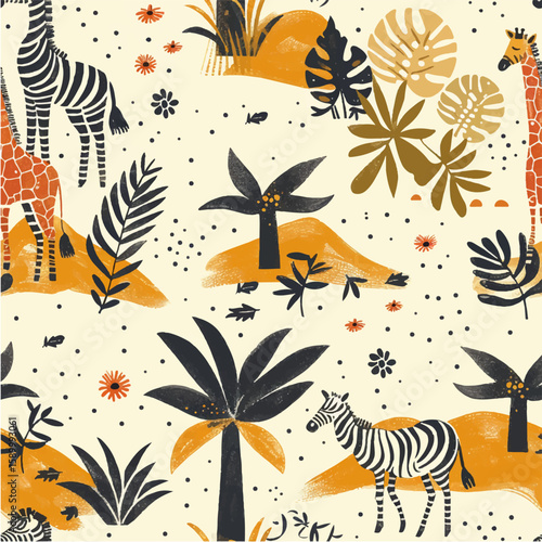 Plant seamless pattern giraffes and zebras in colorful jungle. africa, tropics in cartoon style