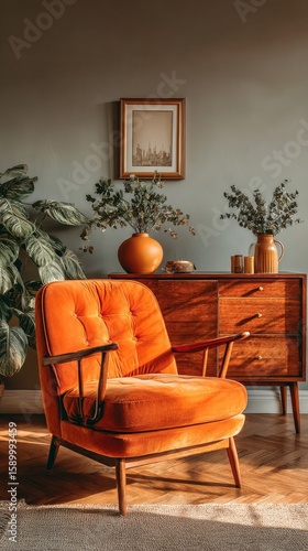 Cozy Living Room With Orange Chair and Plants in Warm Afternoon Light in a St...