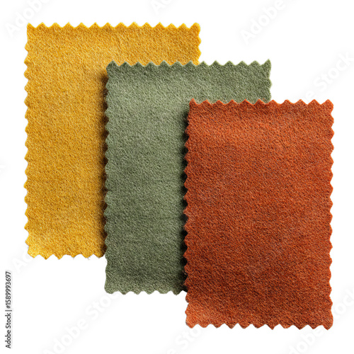 Felt fabric swatches in caramel, forest, and rust. Isolated white background. Png format
