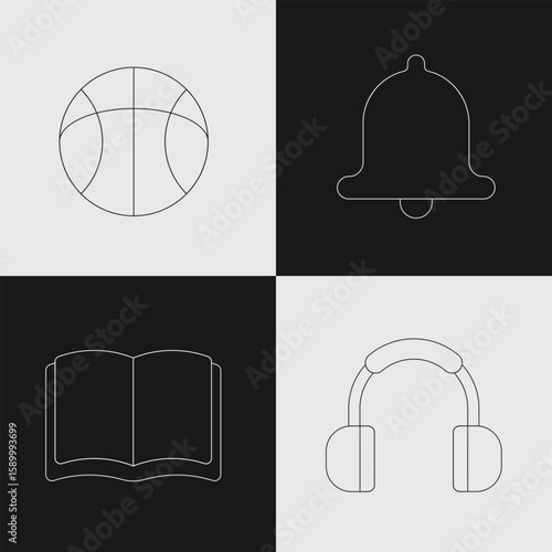 Back to School and Student Life Icon Set with Basketball, Bell, Book, and Headphones for Education