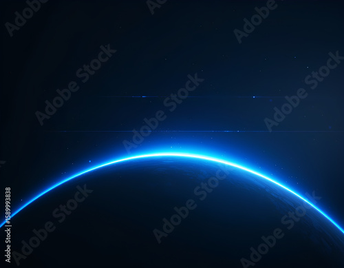 Cosmic Blue Light Flare Behind Planet Curve and Shining Light Streak Ray

