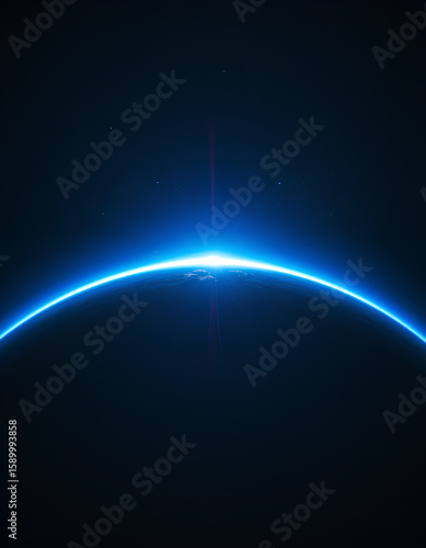 Blue Light Flare Rising Behind Curved Planet with Radiant Light Streak Rays

