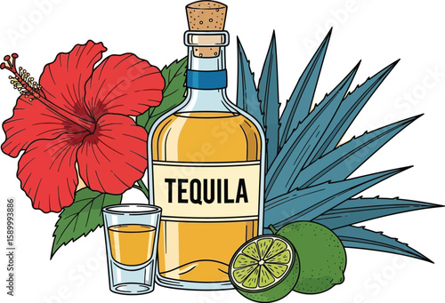 Tequila bottle illustration with agave, lime, and a hibiscus flower