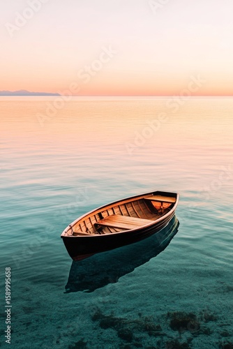 Calm Water With a Wooden Boat at Sunset Near a Serene Coastline