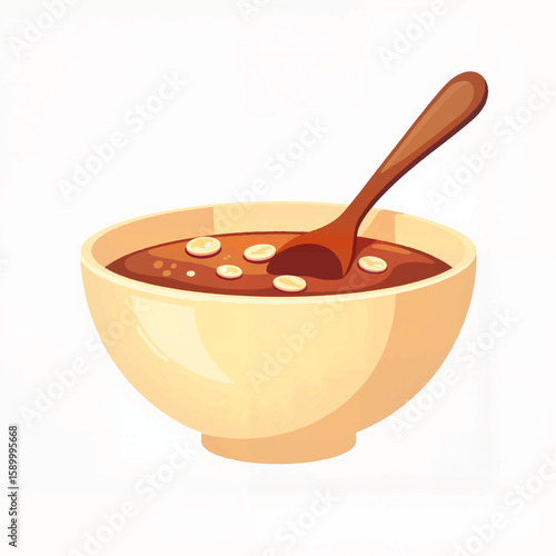 Bowl of soup with brown broth and wooden spoon on white background  