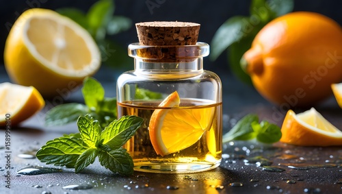 Essential oil with lemon and mint aromatherapy for relaxation and wellness therapy