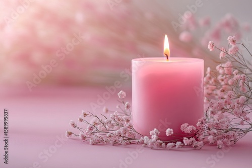 Soft Pink Candle Surrounded by Delicate Flowers Creates a Serene Atmosphere i...